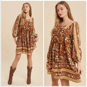 Bohemian Rust Burnt Orange Brown Flowy Tunic Dress